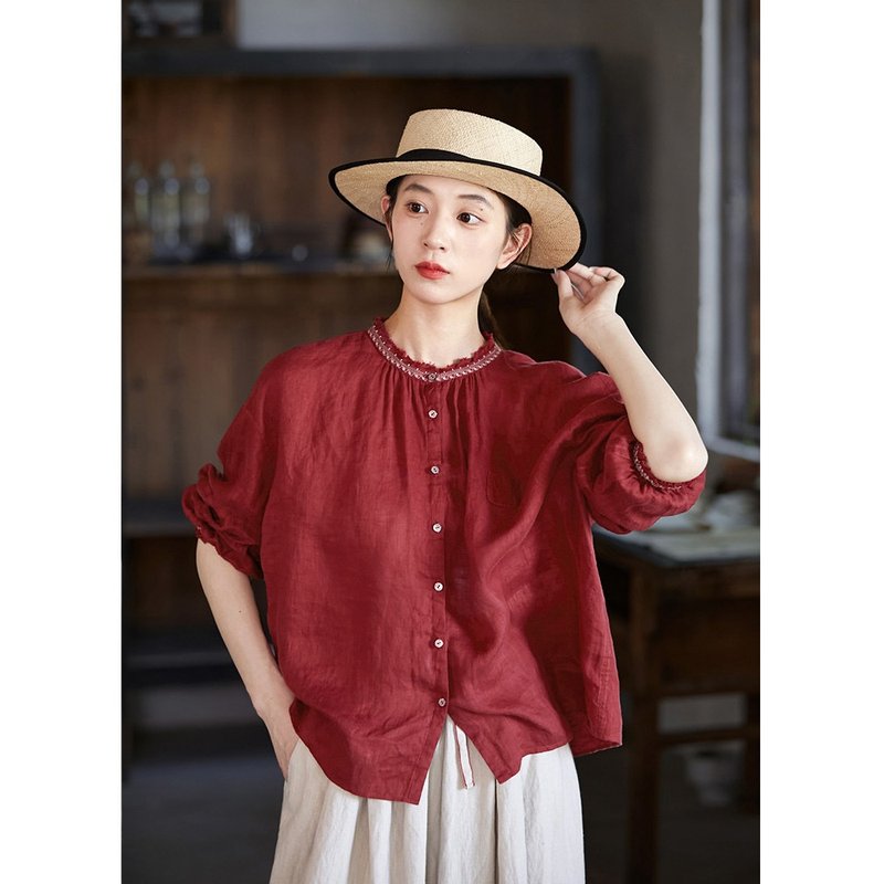 Red linen exquisite lace small round collar thin women's shirt - Women's Shirts - Cotton & Hemp 