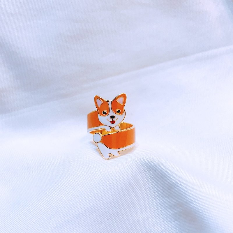 Rotating Corgi Corgi Finger Ring Dog Pet Jewelry Carton Packaging Birthday Gift - แหวนทั่วไป - วัตถุเคลือบ สีส้ม