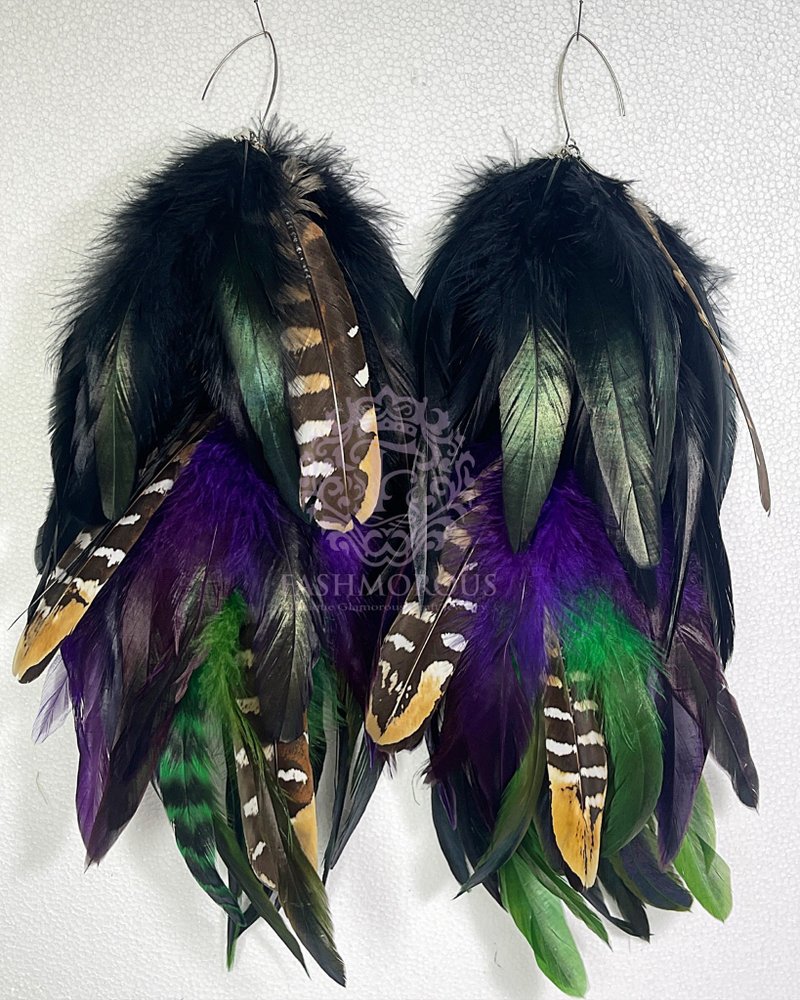 Long Feather Earrings, Green Chartreuse and Orange Feather Statement Earrings - Earrings & Clip-ons - Down Black