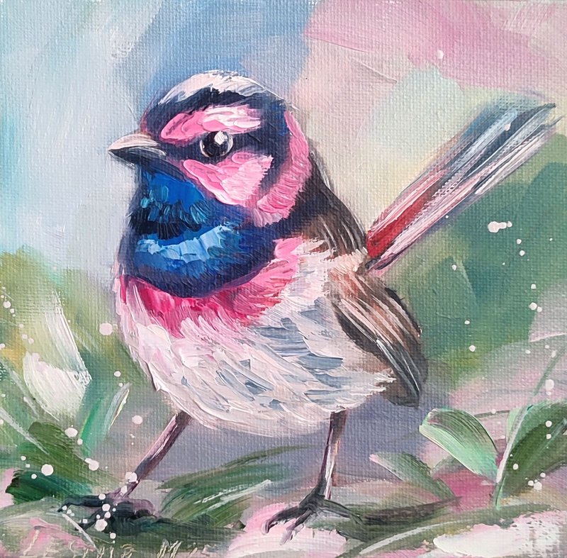 Bird Oil Painting Bird Small Art Bird Artwork Animal Painting Bird Art - 壁貼/牆壁裝飾 - 其他材質 藍色