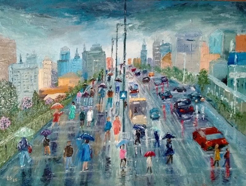Spring rain Original oil painting on stretched canvas - 壁貼/牆壁裝飾 - 其他材質 