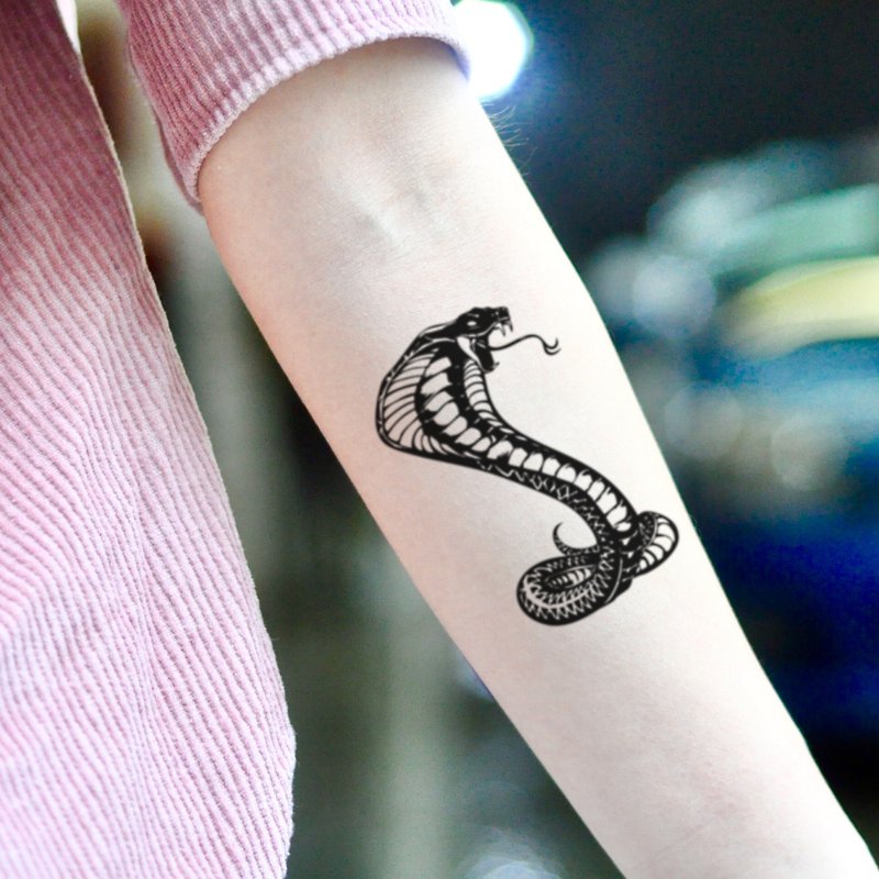Black Cobra Temporary Tattoo Sticker (Set Of 2) - OhMyTat - Temporary Tattoos - Paper Black
