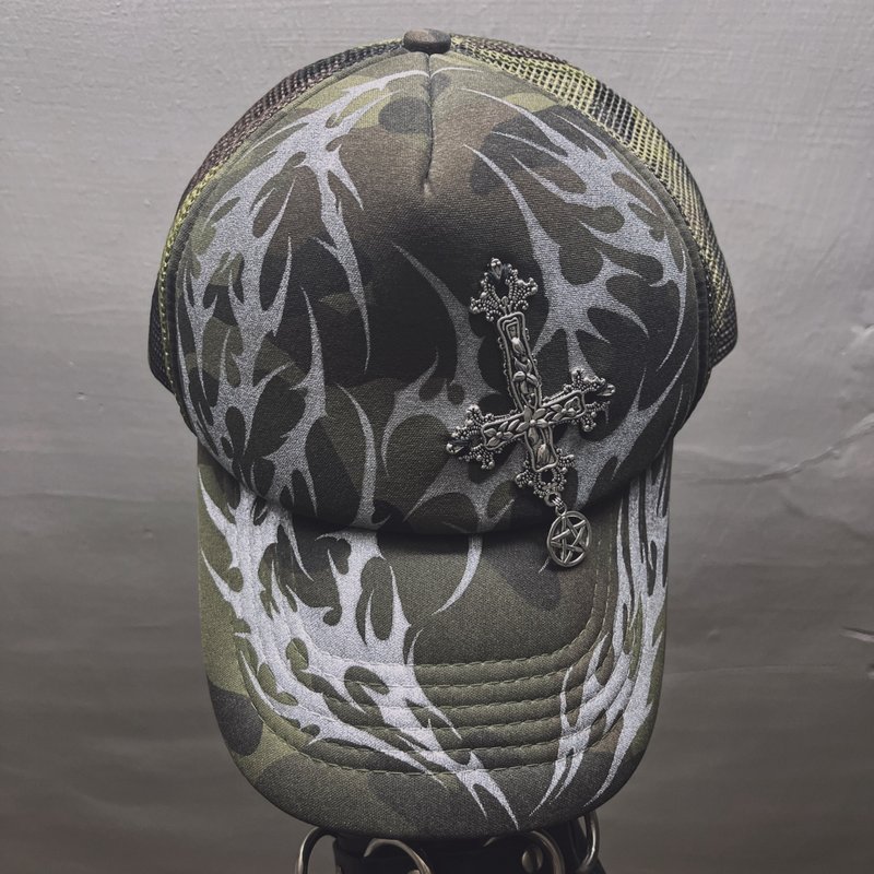 サイバーシジリズム トーテム手描き DIY 金具加工 迷彩メッシュキャップ トラッカー - 帽子 - ナイロン ブラウン