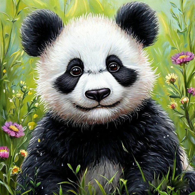 Panda in flowers kids room decor painting, Panda wall art - Posters - Cotton & Hemp Multicolor