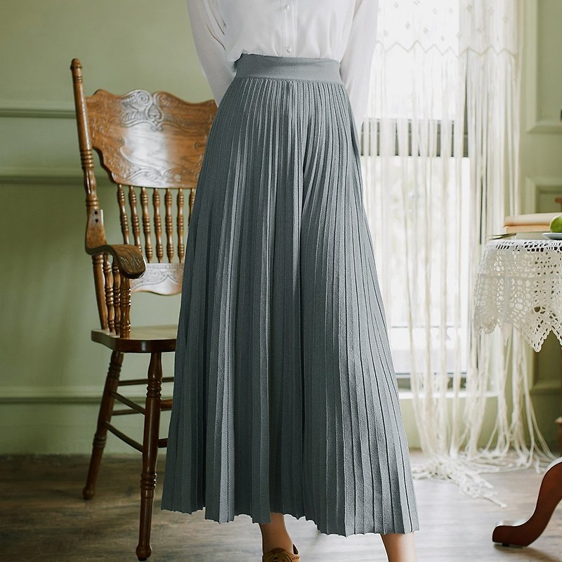 2018 autumn women's new solid color pleated skirt long skirt dress - Skirts - Other Materials Blue