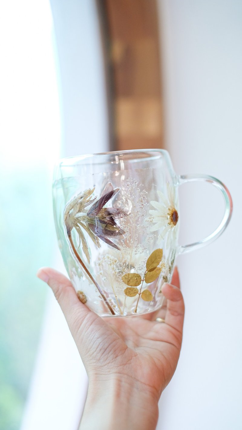 Double-walled glass, resin coated, dried flower lover, Daisy Holland pattern - 杯/玻璃杯 - 玻璃 