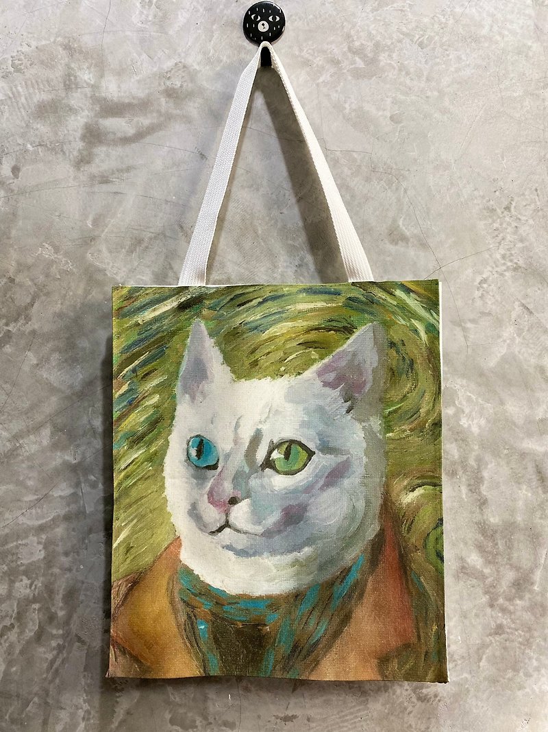 Cat tote bag from original art my cat painting help stray cat BUAKOW - Handbags & Totes - Cotton & Hemp White