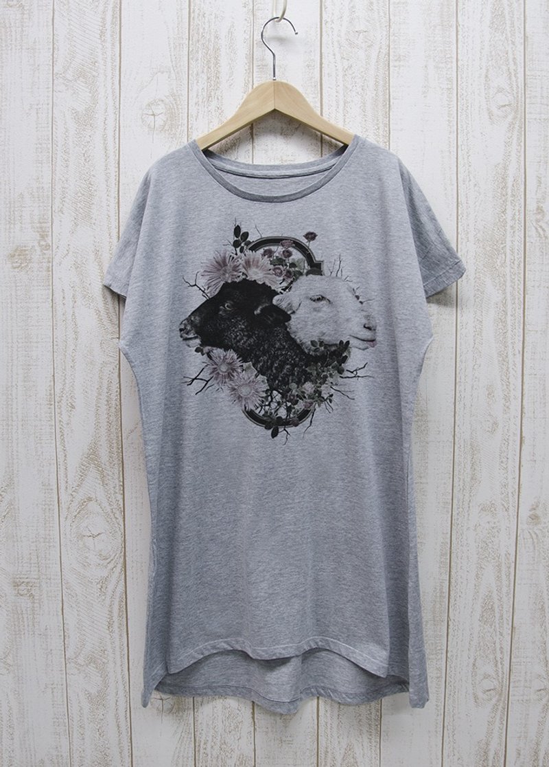 ronronSHEEP One Piece Tee Flower Frame Heather Gray / R034-O-GR - One Piece Dresses - Cotton & Hemp Gray