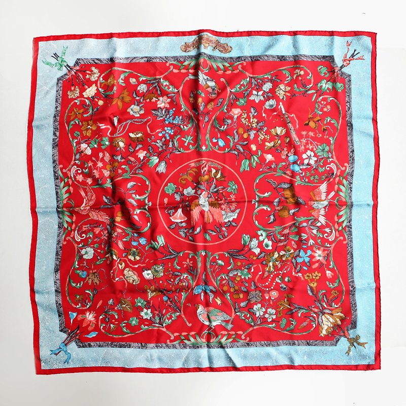 A ROOM MODEL - VINTAGE, PA-0093 Hermes birds and plants painted light blue box on red scarf - Scarves - Silk Red