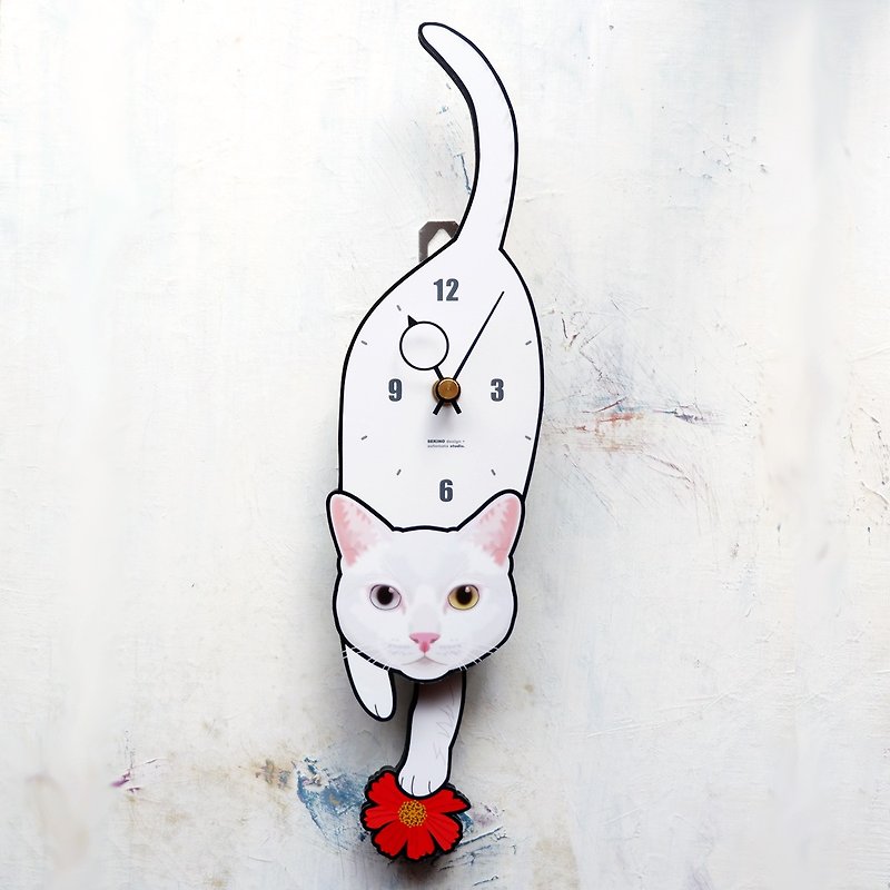 C-58-GS White cat(Gold+Silver eyes) - Pets pendulum clock - Clocks - Wood White