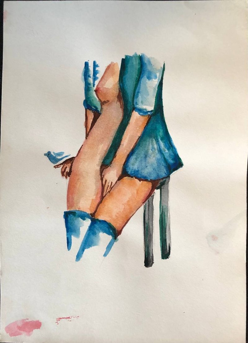 Blue Kimono Original Watercolor Painting Female Nude Art Home Decor - 壁貼/牆壁裝飾 - 紙 藍色