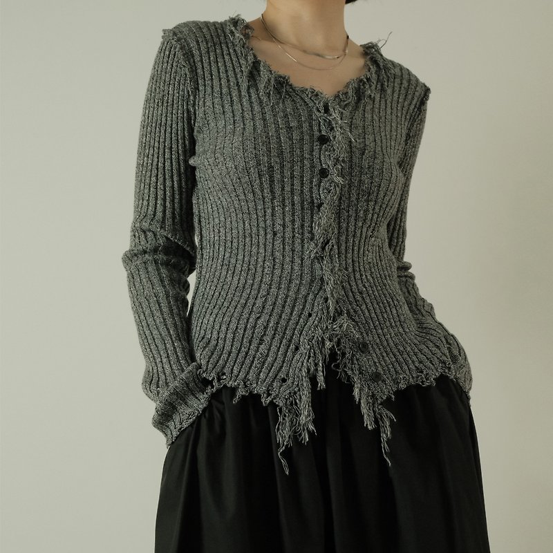 Early Spring Fur Tight Knit Top - สเวตเตอร์ผู้หญิง - ผ้าฝ้าย/ผ้าลินิน สีเทา