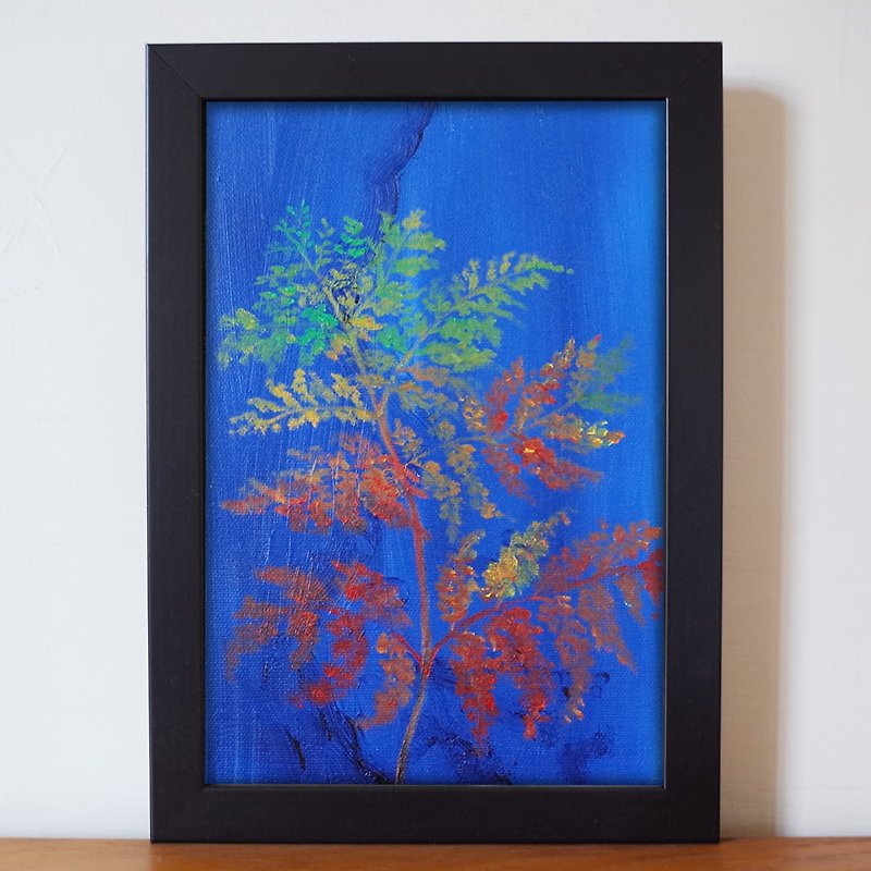 Plant #129 Fern Oil Painting F No. 1 with frame size about 26*19cm - โปสเตอร์ - สี สีน้ำเงิน