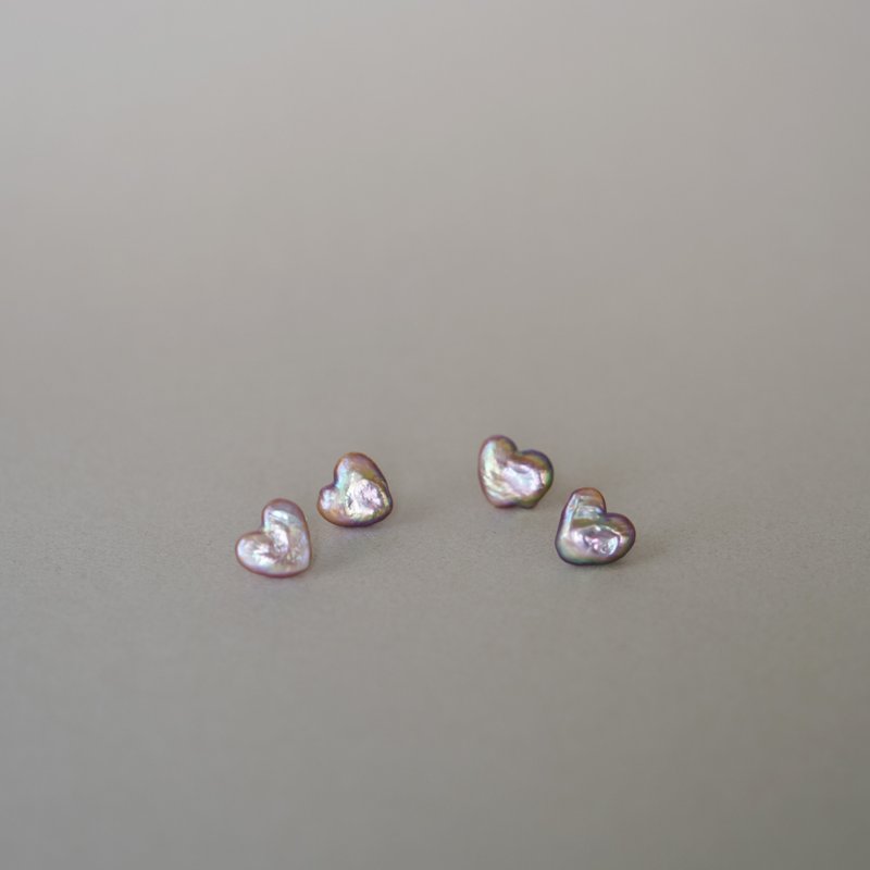 Limited to 2 pieces 14kgf Heart Freshwater Pearl Earrings PU - Earrings & Clip-ons - Pearl Purple