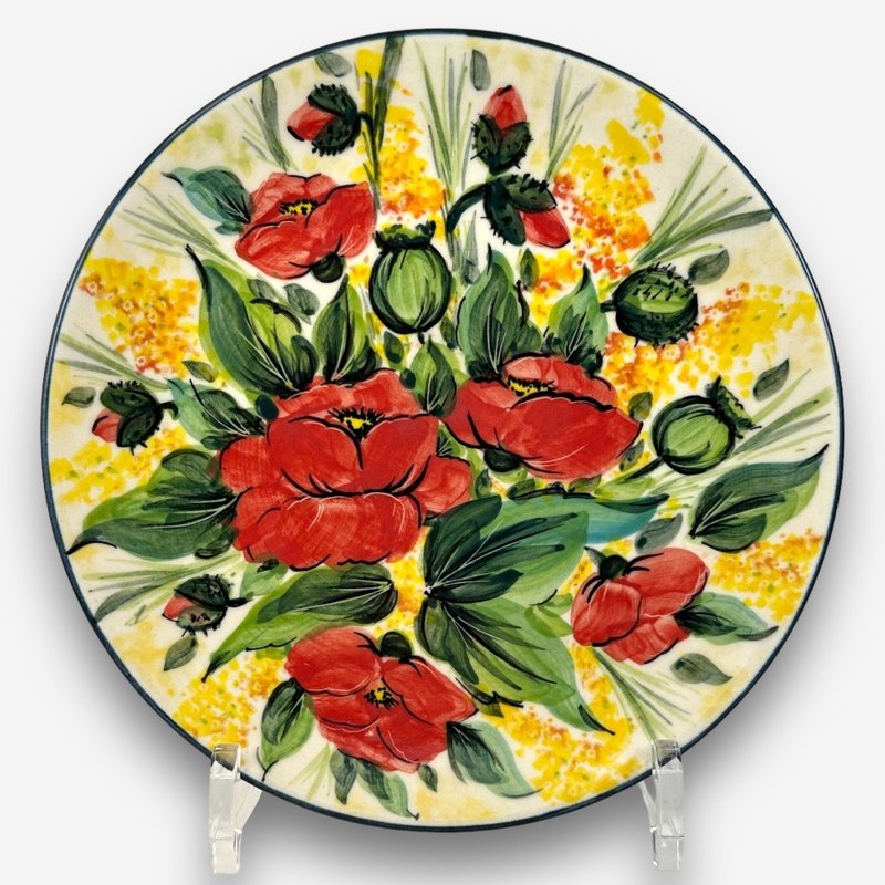 波蘭手繪手工陶-圓盤 19cm 紅色山茶花系列 設計師款 - 盤子/餐盤/盤架 - 陶 紅色