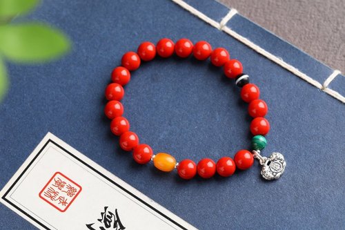 水墨 天然原礦硃砂精品紅砂年年有魚手鏈 8mm左右硃砂含量高達95%