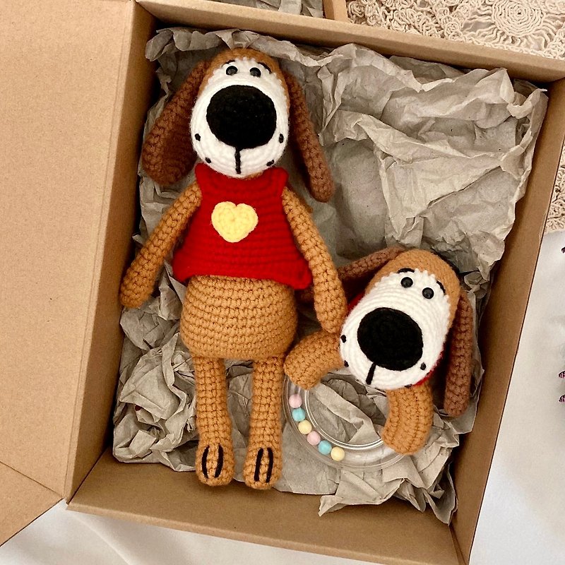 Crocheted dog doll + hand rattle baby toy Miyue gift box - Baby Gift Sets - Cotton & Hemp Brown