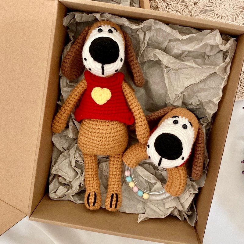 Crocheted dog doll + hand rattle baby toy Miyue gift box - Baby Gift Sets - Cotton & Hemp Brown