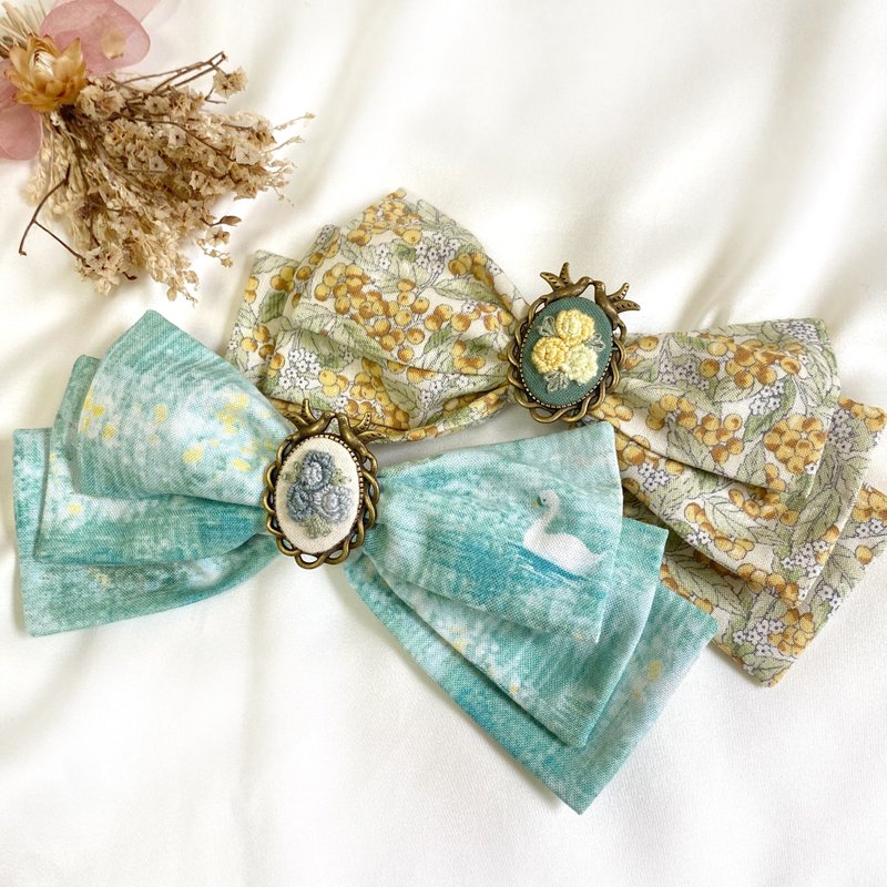 花刺繍×フェミニン柄リボンのアンティークバレッタ - 髮夾/髮圈 - 棉．麻 綠色