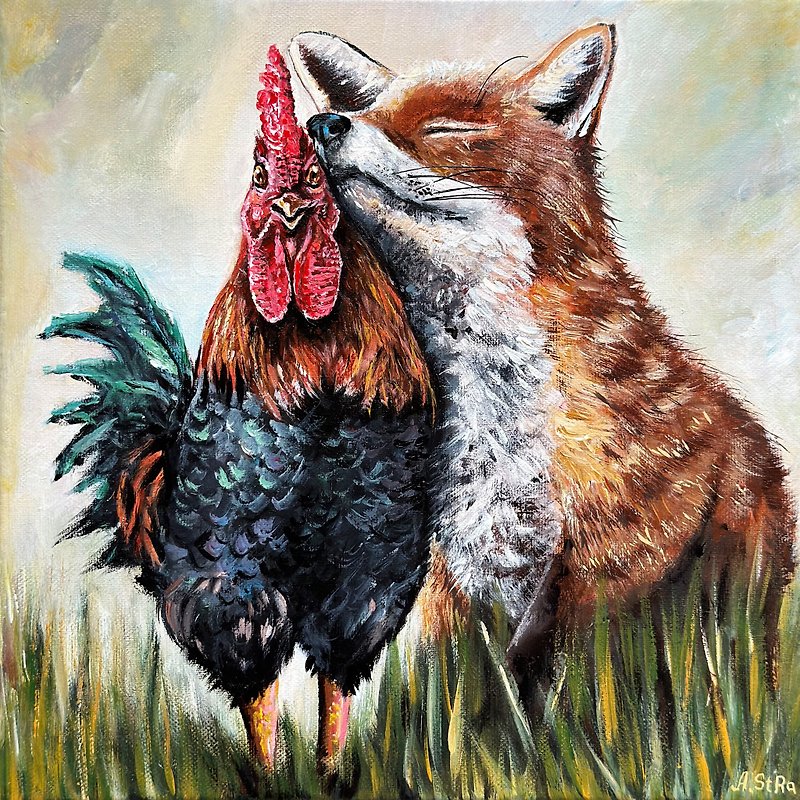 キツネと雄鶏のオリジナル キャンバス絵画、キツネの壁アート、森の動物、森 - ウォールデコ・壁紙 - コットン・麻 多色
