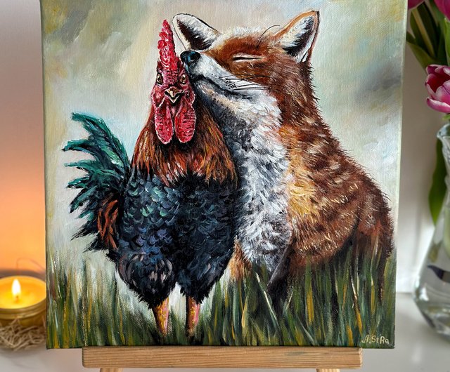 キツネと雄鶏のオリジナル キャンバス絵画、キツネの壁アート