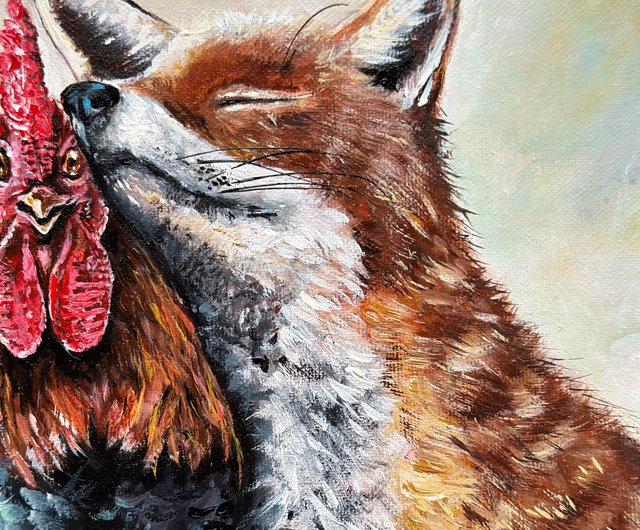 キツネと雄鶏のオリジナル キャンバス絵画、キツネの壁アート