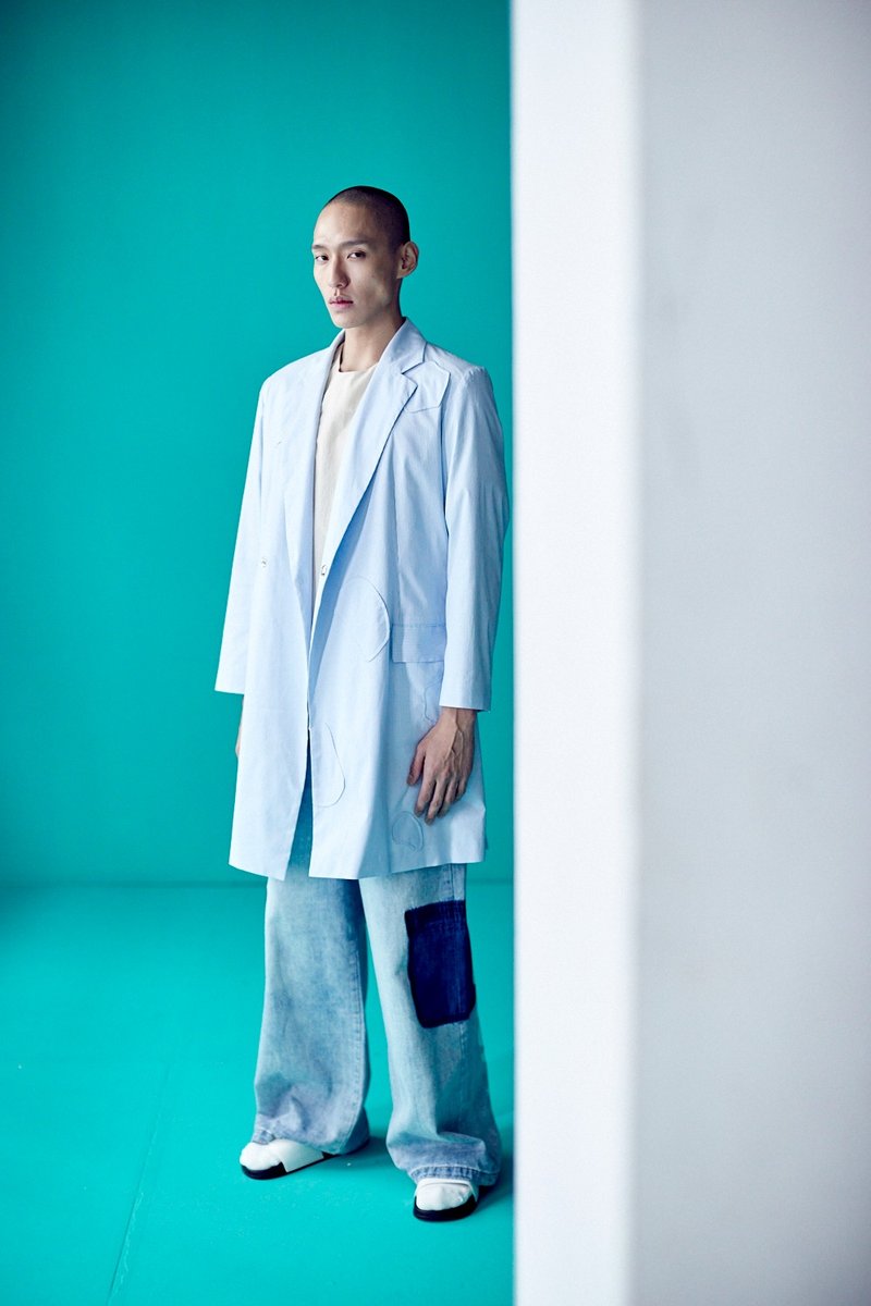 條紋暗扣長西裝 - 男裝西裝外套 - 棉．麻 藍色