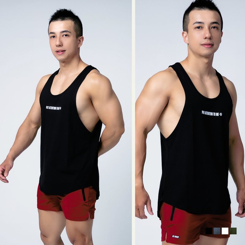 PAY ATTENTION TO ME Lightweight Tank Top【Black】│ATTENTION sleeveless, gymwear - เสื้อกั๊กผู้ชาย - ผ้าฝ้าย/ผ้าลินิน สีดำ