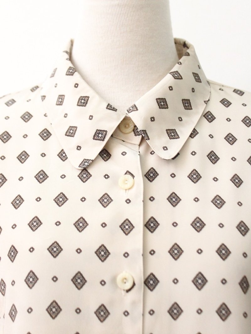 日本製復古圖形米色長袖古著襯衫 Vintage Blouse - 恤衫 - 聚酯纖維 黃色