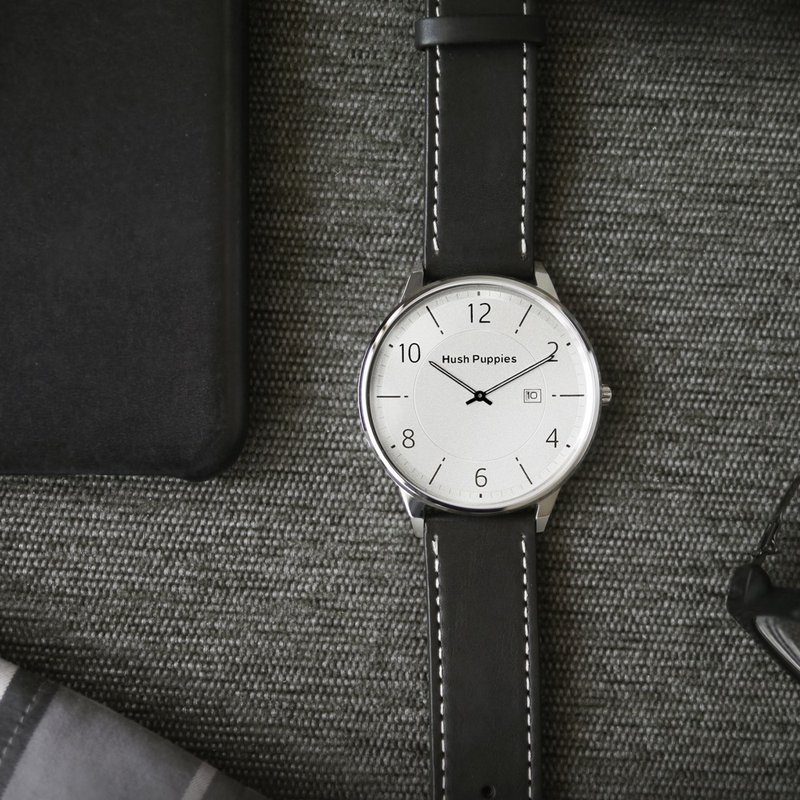 Hush Puppies | Slim Two-hand Black Leather Watch (HP5015) - Men's & Unisex Watches - Stainless Steel White