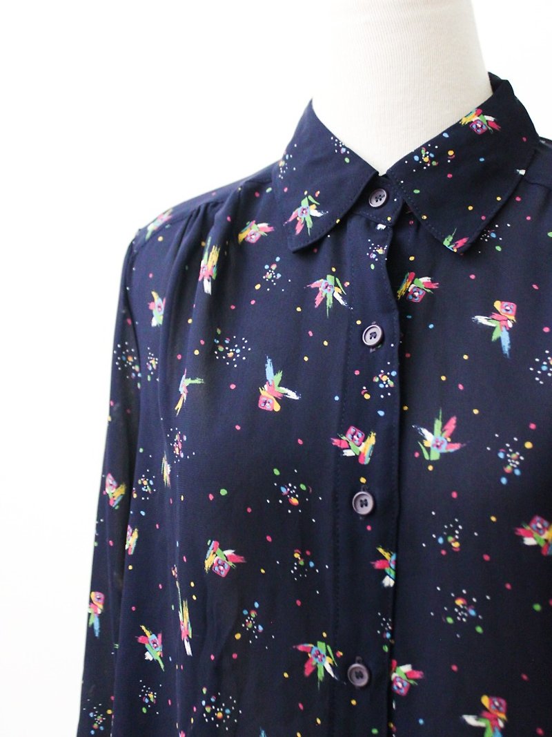【RE0916T192】 early autumn Japanese retro color fire dark blue ancient shirt - Women's Shirts - Polyester Blue