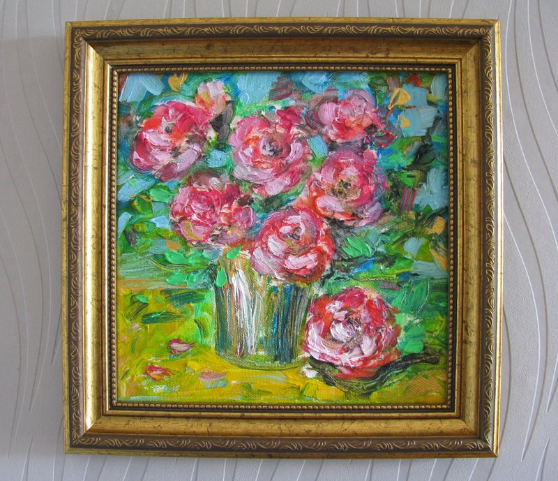 Pink Roses Bouquet Impasto Oil Painting Small Size Canvas - ตกแต่งผนัง - วัสดุอื่นๆ หลากหลายสี