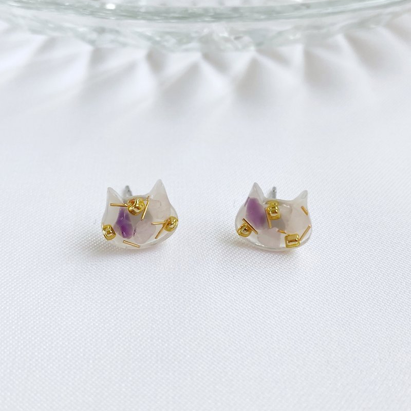 Simple cat. Natural powder crystal amethyst amethyst affixed ear anti-allergic ear acupuncture Clip-On attracts wealth nobles - ต่างหู - คริสตัล สีม่วง