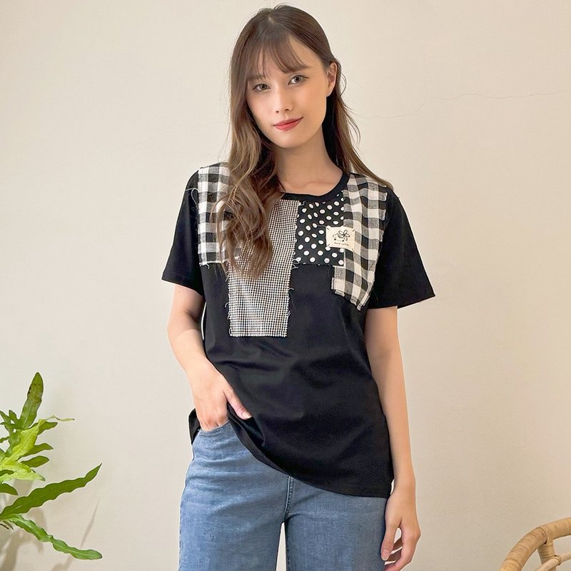 Hana Mokuba patchwork crew neck design casual T-shirt - เสื้อยืดผู้หญิง - วัสดุอื่นๆ 