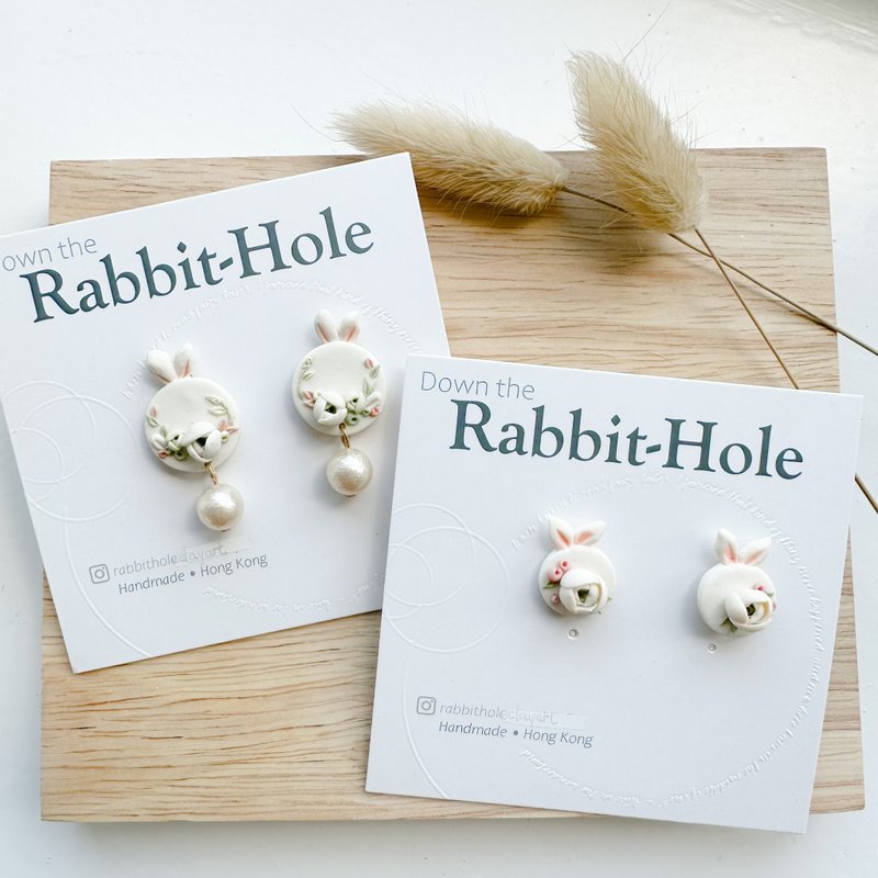 Luna Rabbit | Flower Moon, Polymer Clay Earrings - Earrings & Clip-ons - Clay White