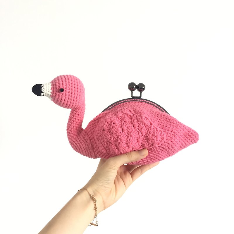 鉤針flamingo 紅鶴 口金 兩用包 - 側背包/斜背包 - 棉．麻 粉紅色