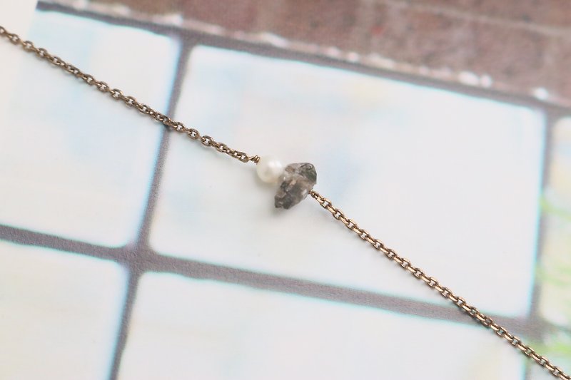 髮晶 珍珠 天然石 黃銅 手鍊 0613 <尖角> - 手鍊/手鐲 - 寶石 黑色