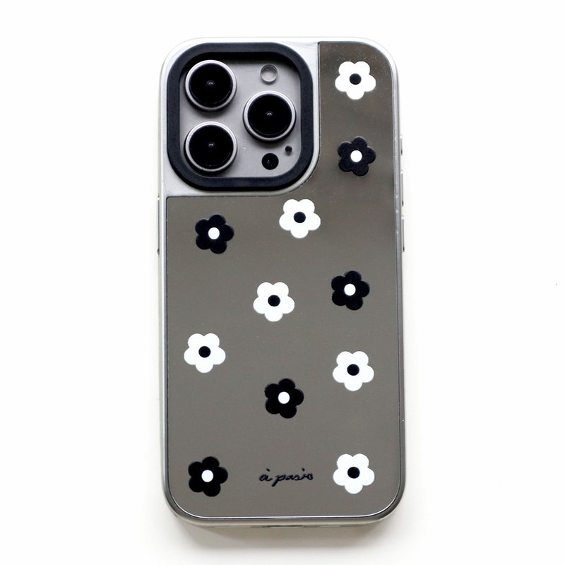 iPhone15/14/13/12 French black and white small round flower mirror phone case - Phone Cases - Plastic Gray