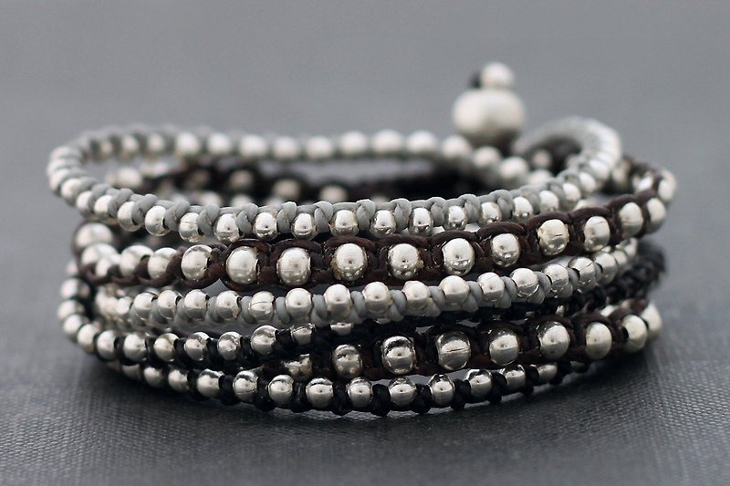 Beaded Wrap Silver Grey Monotone Bracelet Woven Necklace - Bracelets - Cotton & Hemp Gray