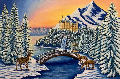 Anastasia Art - 独特的工艺 Winter Holiday, original oil painting, oil on canvas, snowy landscape, xmas time