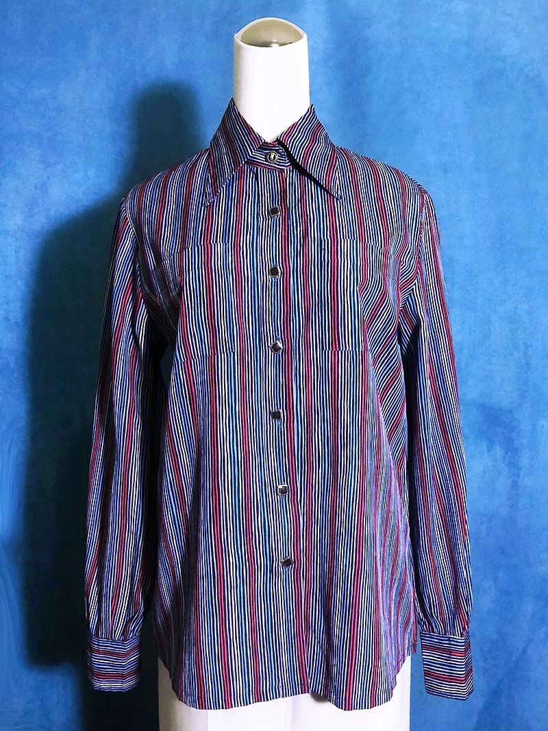 Striped double-pocket long-sleeved vintage shirt / bring back VINTAGE abroad - เสื้อเชิ้ตผู้หญิง - เส้นใยสังเคราะห์ สีน้ำเงิน
