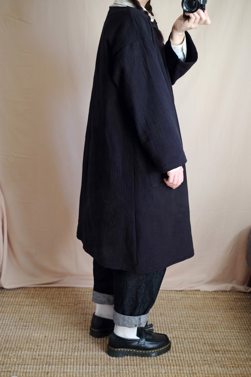 Autumn thick long dress / wash old black - One Piece Dresses - Cotton & Hemp Black