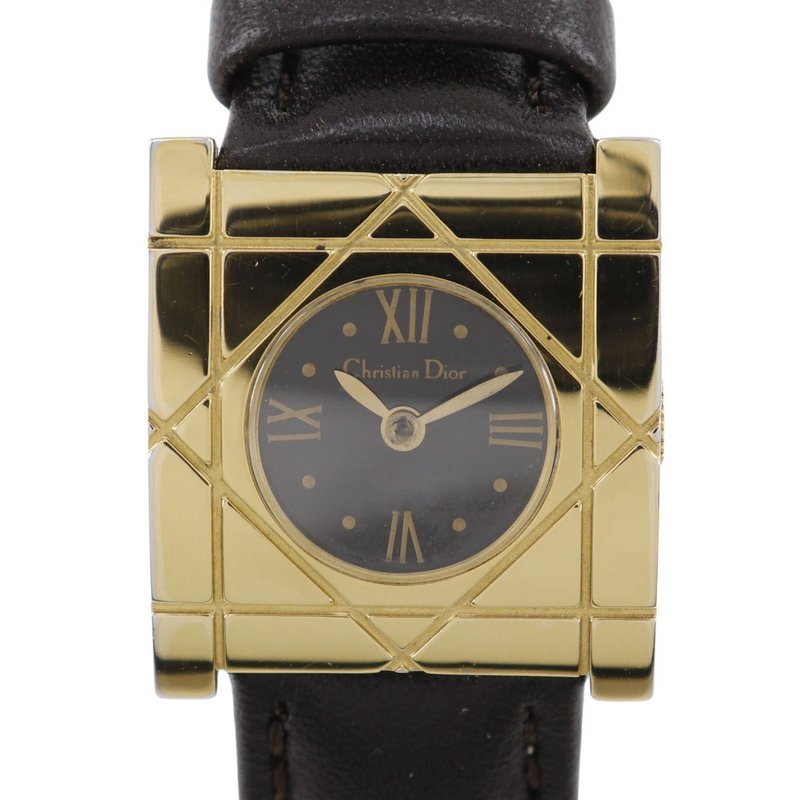 【日本直送】ディオール Dior カナージュ スクエア 腕時計 D82-150 金メッキ × 型押しレザー クオーツ アナログ表示 黒文字盤 レディース【中古】 - 女錶 - 其他金屬 黑色