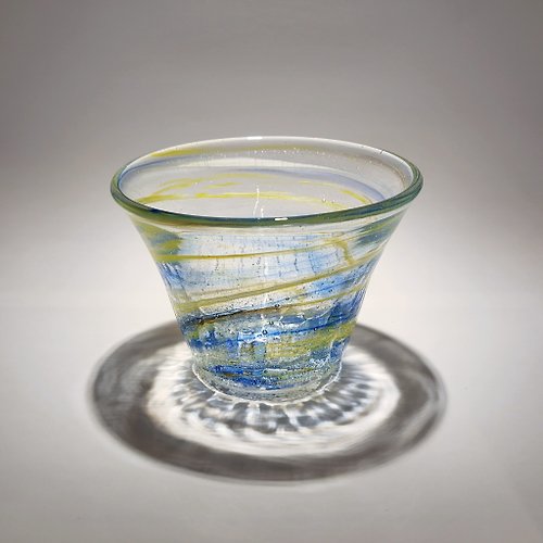 臺灣玻璃舘 藍黃旋泡杯-敞口 手作玻璃杯 純手工吹製