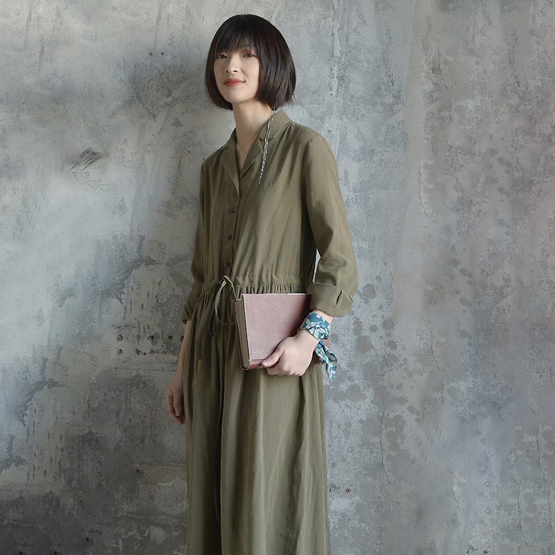 French olive green drawstring dress|dress|spring|cotton|Sora-263 - One Piece Dresses - Cotton & Hemp Green