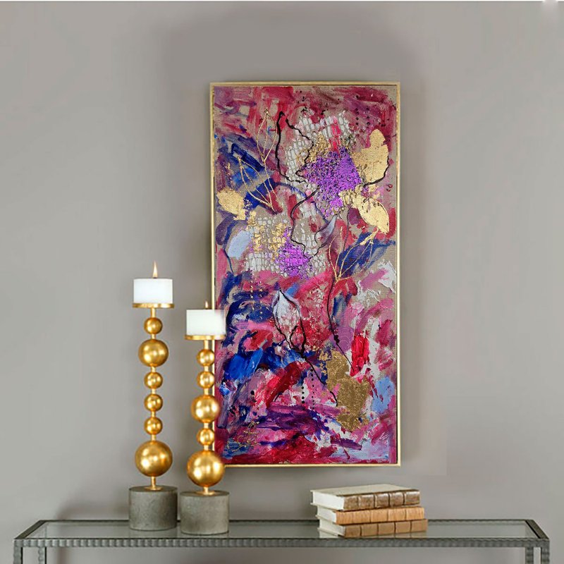 Colorful abstract painting in pink shades, Gold Leaf Painting, Fall painting - ตกแต่งผนัง - ผ้าฝ้าย/ผ้าลินิน สีม่วง