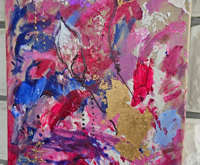 ピンク色のカラフルな抽象画、金箔画、秋の絵画 - ショップ