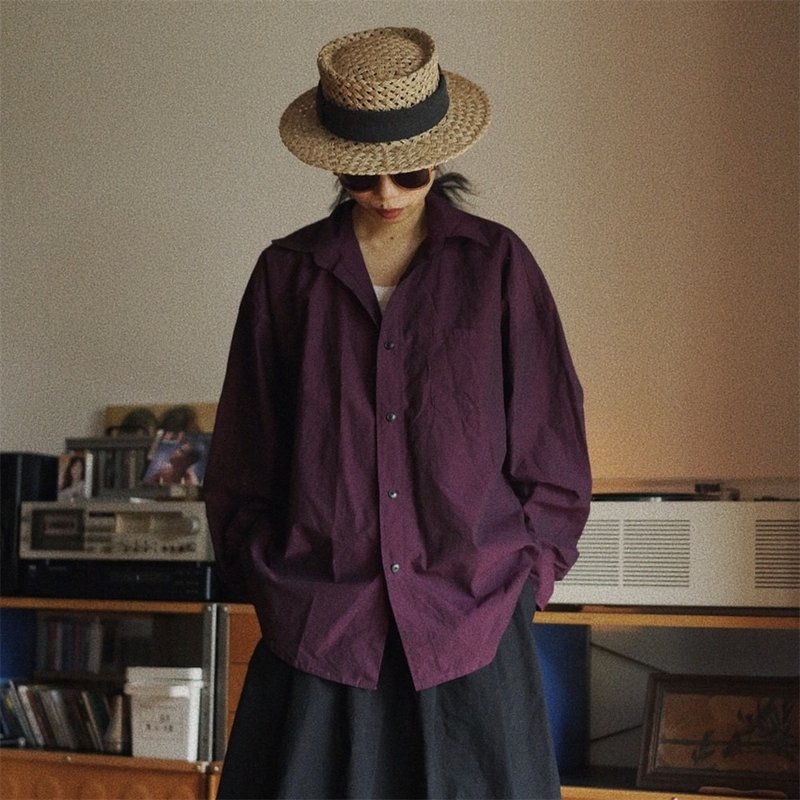 Purple high-density Pima cotton paper-feeling cotton fabric pocket style classic retro long-sleeved shirt - เสื้อเชิ้ตผู้หญิง - ผ้าฝ้าย/ผ้าลินิน สีม่วง