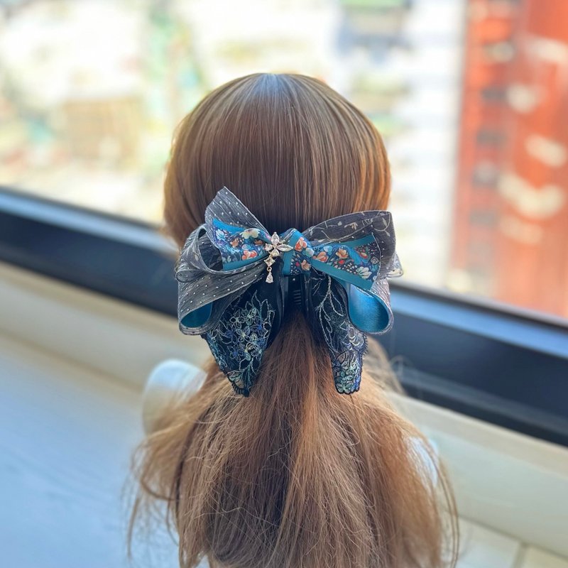 銀色點點紗蕾絲蝴蝶結相交夾香蕉夾仙女夾髮夾-寶石藍灰色 - 髮夾/髮圈 - 其他材質 灰色