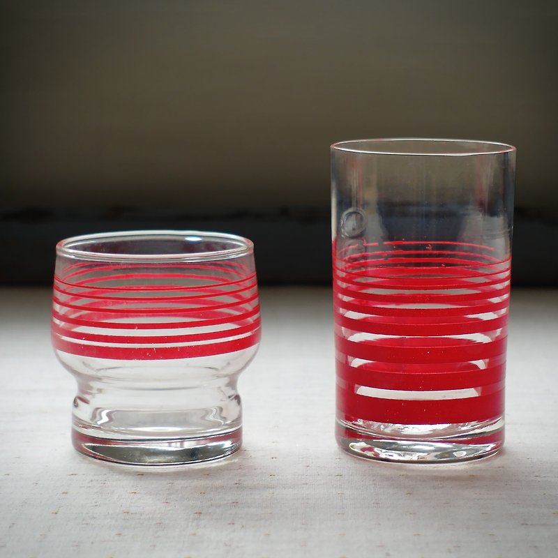 早期印花水杯-紅線圈 (餐具/舊貨/老物/幾何/圈圈/玻璃) - 茶具/茶杯 - 玻璃 紅色